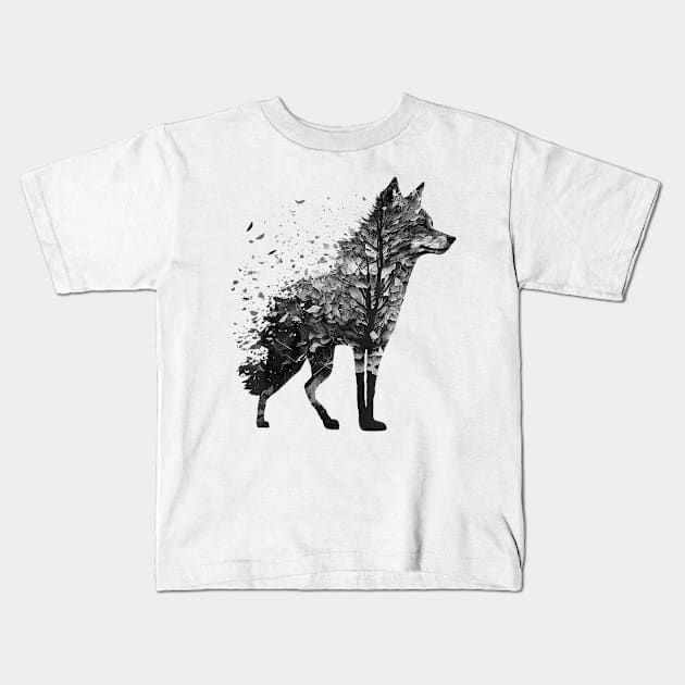 Wolf Tree Decay Drawing Animal Print Art Wolf Kids T-Shirt by elmiragokoryan